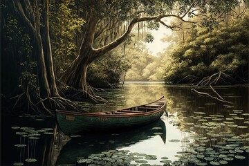 Naklejka na ściany i meble a painting of a boat in a river with trees and lily pads on the water and a sunlit bank with a tree hanging over the water. generative ai