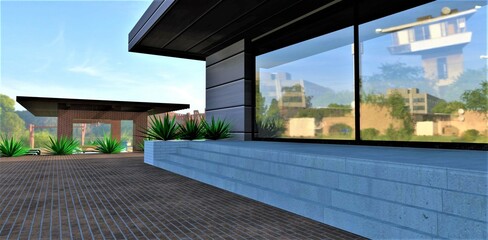 Stylish design porch with concrete long steps and glass door reflecting the amazing village landscape. Brown brick tile pavement in front of the entrance. 3d rendering.