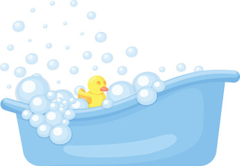 Full bathtub of foam with rubber duck. Cartoon bath icon