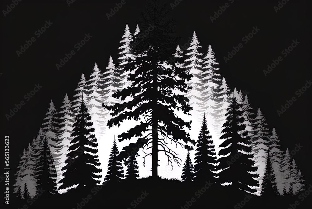 Poster evergreen coniferous pine fir silhouette of a grove of conifers generative ai