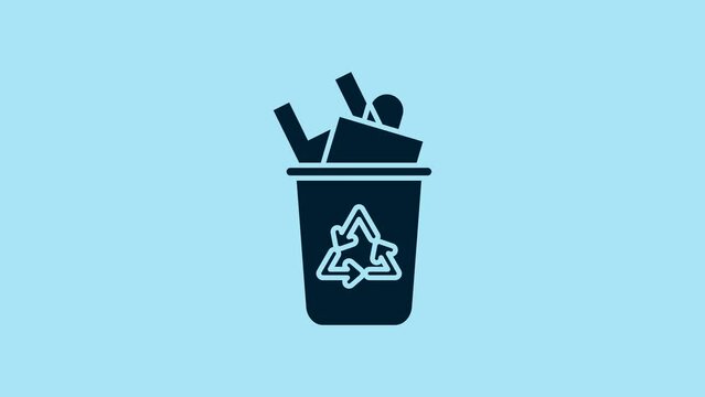 Blue Recycle bin with recycle symbol icon isolated on blue background. Trash can icon. Garbage bin sign. Recycle basket sign. 4K Video motion graphic animation