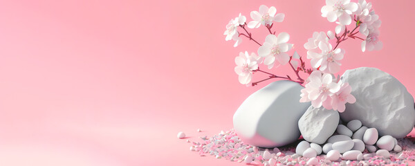 White stones with blossom flowers on pink background. Panoramic banner background with copy space.