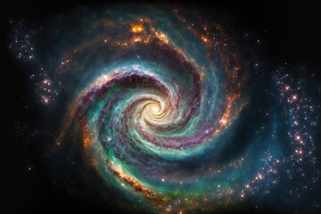  a spiral galaxy with stars and a black background with a blue center and a yellow center and a green center and a blue center with a yellow center.  generative ai