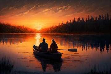 Naklejka na ściany i meble a painting of two people in a boat on a lake at sunset with the sun setting behind them and trees in the distance, with a red sky and clouds. generative ai