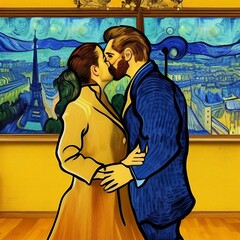 Couple qui s'embrasse à Paris avec une vue sur la Tour Eiffel dans le style d'un tableau de Van Gogh.