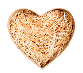 Top view of natural color open heart shape cardboard box with shredded wood excelsior for filling inside. Natural sustainable material for wrapping or products background.