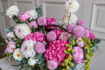 close-up bouquet of flowers from chrysanthemum, dahlias, peonies, hydrangea