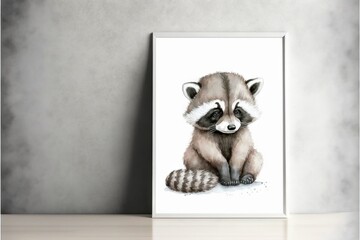  a picture of a raccoon sitting on a table next to a wall with a white frame on it and a gray wall behind it.  generative ai