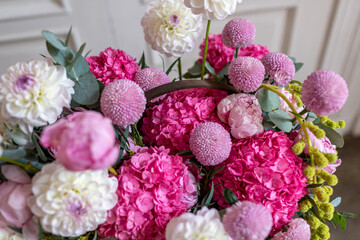 close-up bouquet of flowers from chrysanthemum, dahlias, peonies, hydrangea