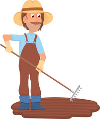 Farmer leveling soil with rake. Cartoon gardener character