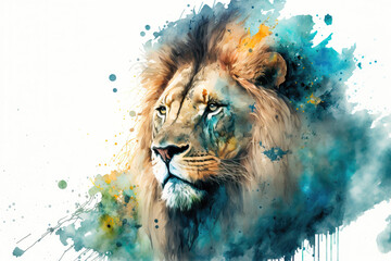portrait of a lion in aquarelle style, ai generated - obrazy, fototapety, plakaty