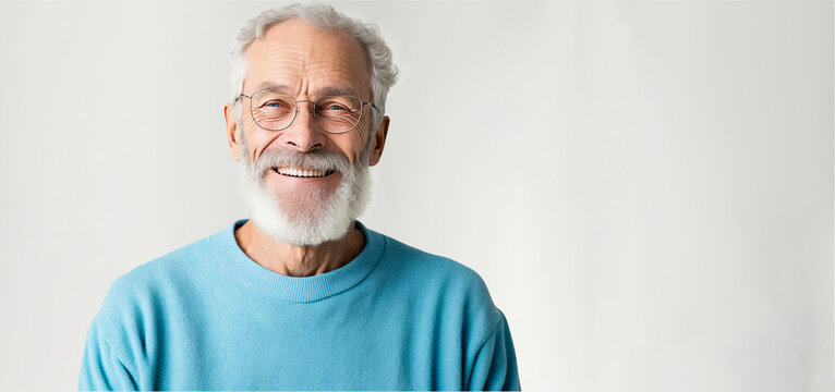 Mature, bearded man with a cheerful smile wearing a sweatshirt stands alone on a white background, looking at the camera mid-aged, gray-haired senior hipster with Generative AI technology