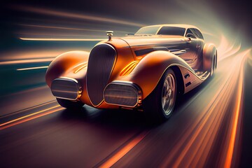 Plakat Retro-futuristic car in style of 80's riding on high speed, blurred motion and light trails.. Generative art