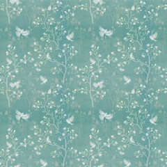 Seamless pattern with magnolia tree and birds. Turquoise background.