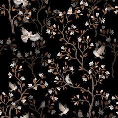 Chinoiserie seamless pattern with magnolia tree and birds. Black background.