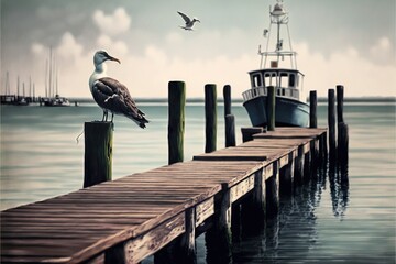  a bird sitting on a dock next to a boat in the water and a bird flying over the water and a boat in the water.  generative ai