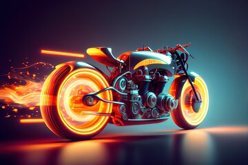 Retro-futuristic motorcycle in style of 80's riding on high speed, blurred motion and light trails.. Generative art	