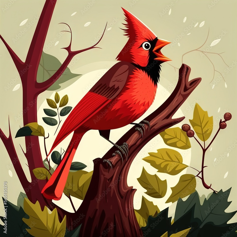 Aufkleber a red bird sitting on a tree branch in the woods with leaves and a full moon in the background with 
