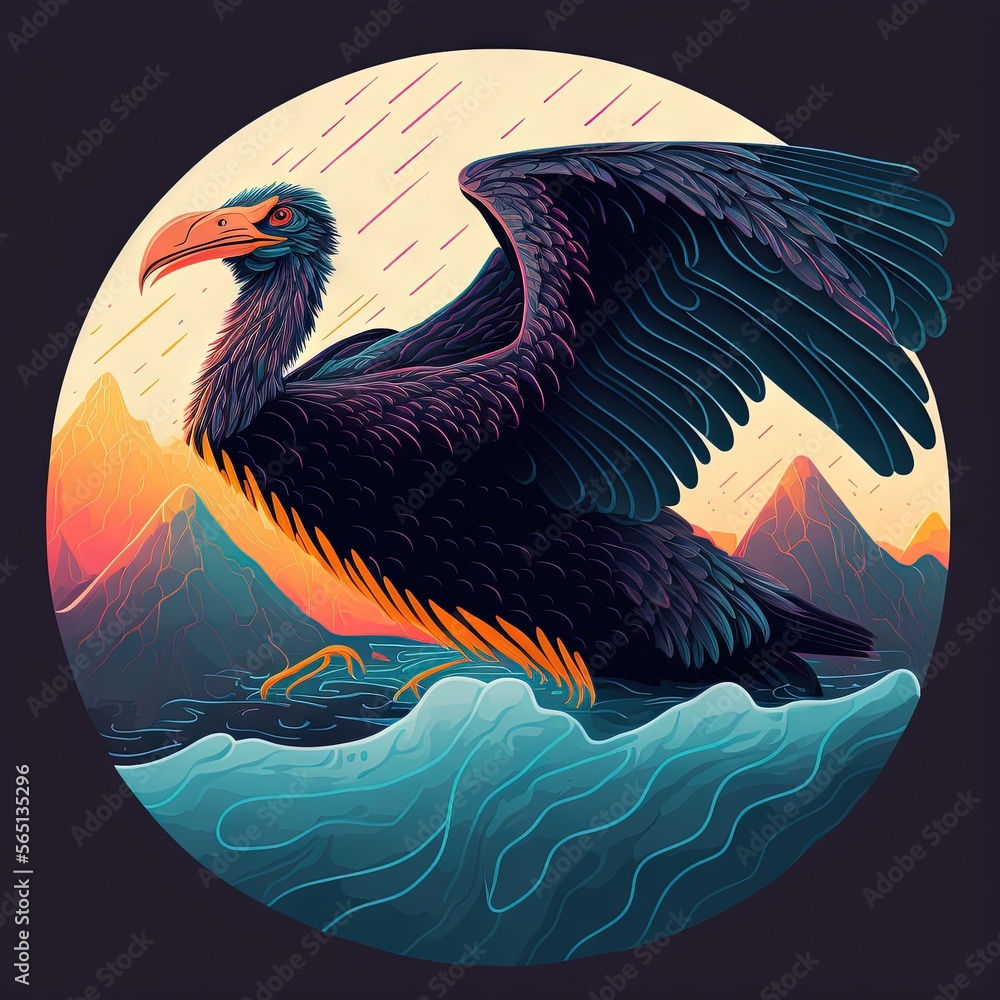Aufkleber a bird with a large beak is standing on a wave in the ocean with mountains in the background and a f