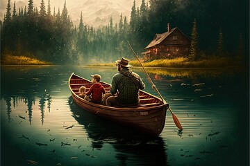  a man and a child are in a boat on a lake with a cabin in the background and a cabin on the water with a mountain in the background.  generative ai