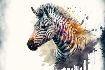 portrait of a zebra in aquarelle style, ai generated - obrazy, fototapety, plakaty