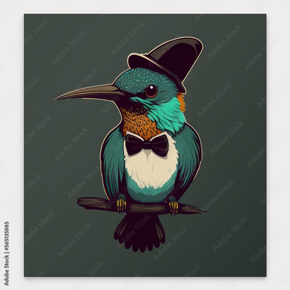 Poster a bird with a hat and bow tie on a branch with a green background and a black background with a whit