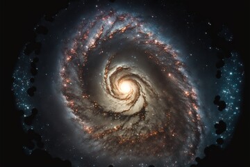  a spiral galaxy with a star in the center and a black background with stars around it, and a blue and white background with a black border.  generative ai