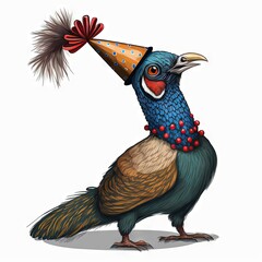 Obraz premium a bird with a party hat and a feather tail on its head is standing upright and looking upward with a feather tail on its head, and a red beaded tail, and a. generative ai