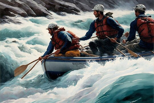  a painting of three men in a boat in rough water with rocks in the background and a rocky shore behind them, with a man in a life jacket and a life jacket.  generative ai