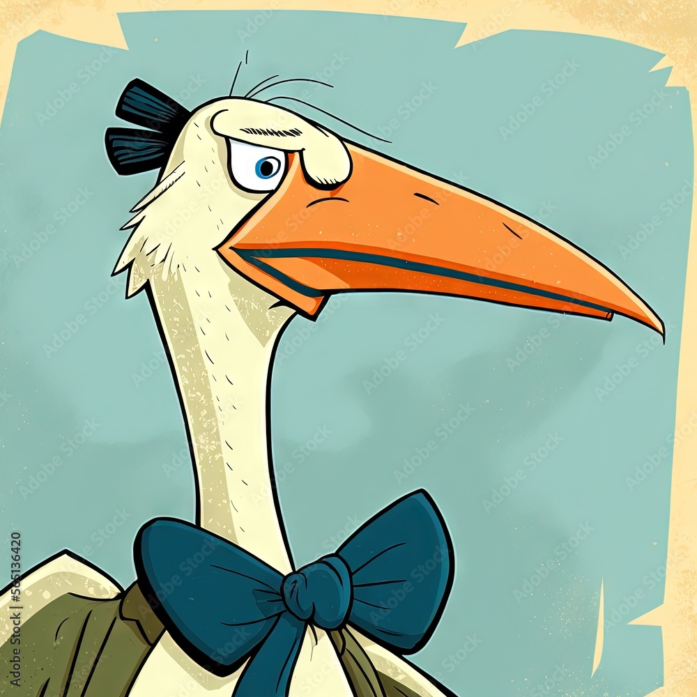 Poster a cartoon of a bird with a bow tie on it's neck and a blue background with a grungy background and a