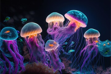  a group of jellyfish swimming in a tank at night time, with a black background and a blue sky above them, all of which are glowing in different colors.  generative ai - obrazy, fototapety, plakaty