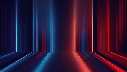Futuristic neon empty podium stage, light reflection in water, blue and red neon, bright rays and lines, abstract background. 3D illustration