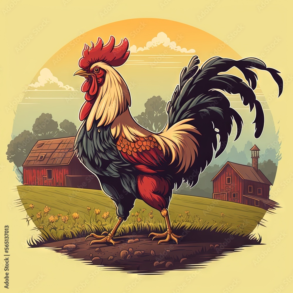 Poster a rooster standing on a field with a barn in the background and a sunset in the background with clou