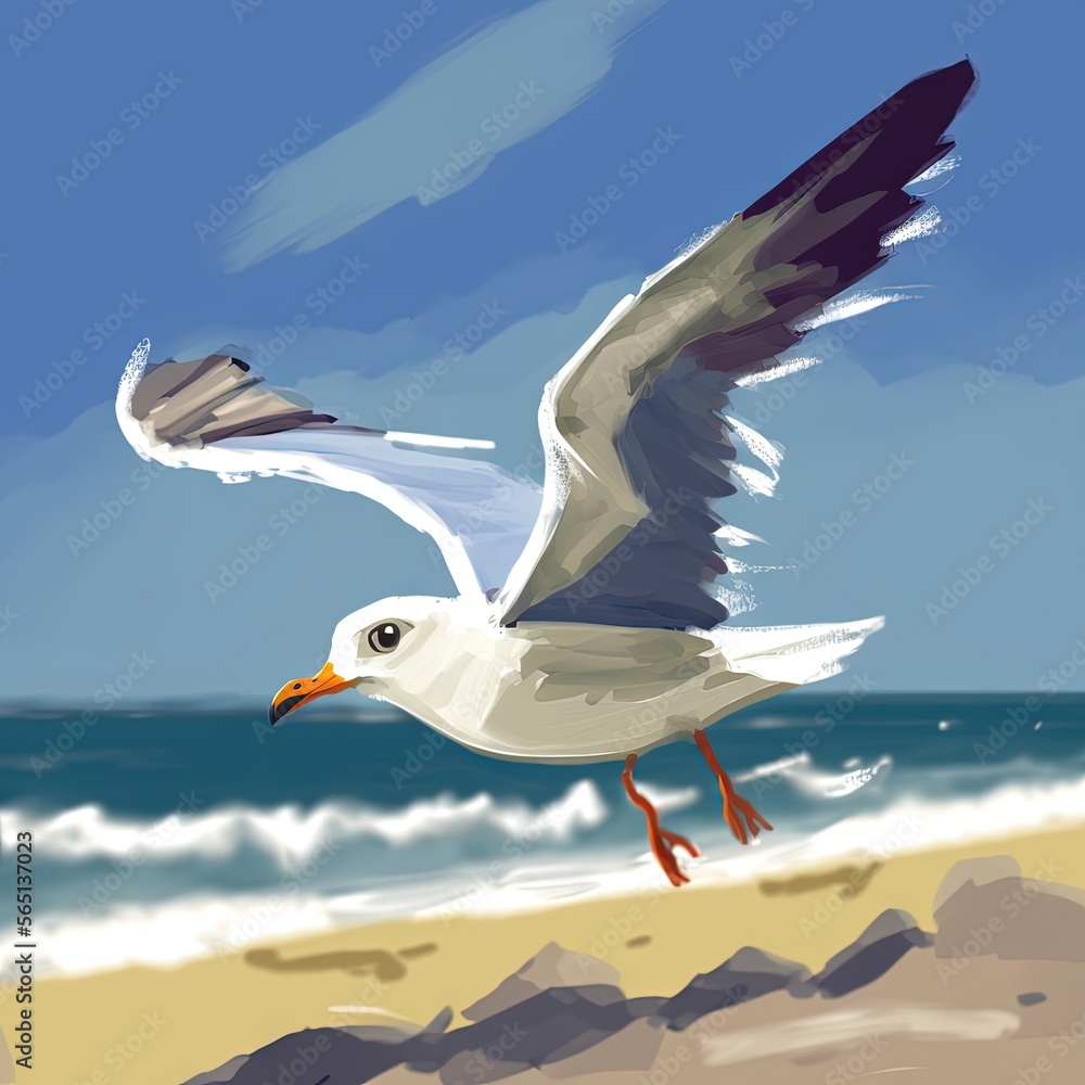 Poster a bird flying over a beach next to the ocean with a sky background and a rocky shore line in the for