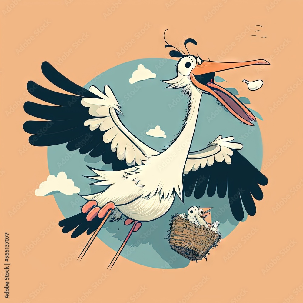 Poster a bird flying over a nest with a baby bird in it's beak and another bird sitting on top of it's nest