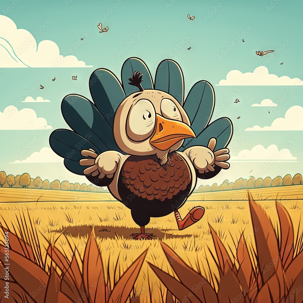 Poster a cartoon turkey is running through a field of grass and grass with a blue sky in the background and