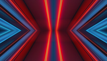 Futuristic neon empty podium stage, light reflection in water, blue and red neon, bright rays and lines, abstract background. 3D illustration