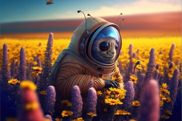  a monkey in a space suit sitting in a field of flowers with a bee on his back and a bee on his arm, with a bee on his chest.  generative ai