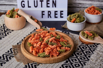 Gluten free text, fusilli pasta made of lentil and chickpea. Organic cuisine, raw product for...