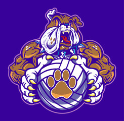muscular bulldog mascot holding volleyball for school, college or league sports