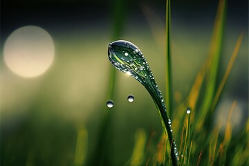  a drop of water on a blade of grass with dew drops on it and a blurry background of grass and sunlight in the background.  generative ai