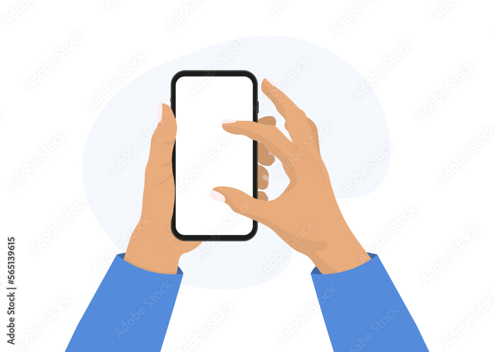 Poster holding phone in two hands. empty screen, phone mockup. editable smartphone template vector illustra