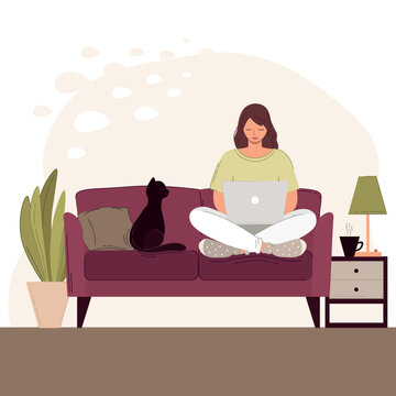 A woman sits on the couch with her laptop. Remote work from home. Vector illustration.
