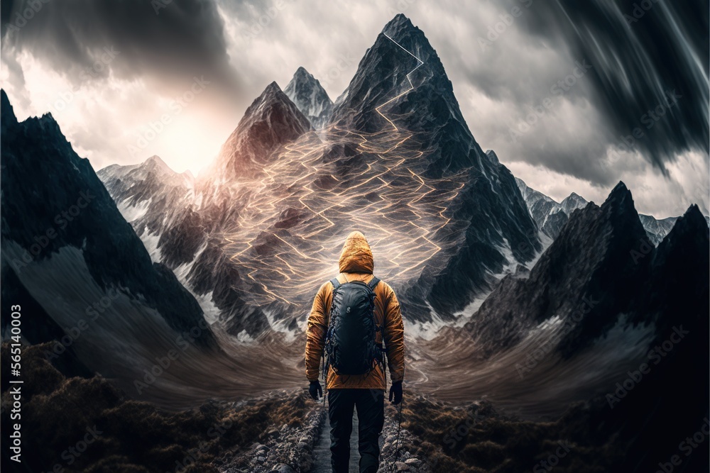 Poster a man with a backpack is standing in front of a mountain range with a storm in the sky above him and