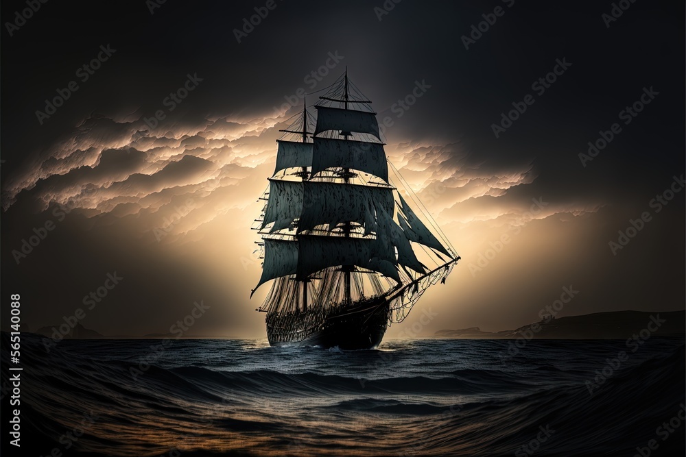 Poster a ship sailing in the ocean under a cloudy sky with a sunbeam in the background and a dark sky with 