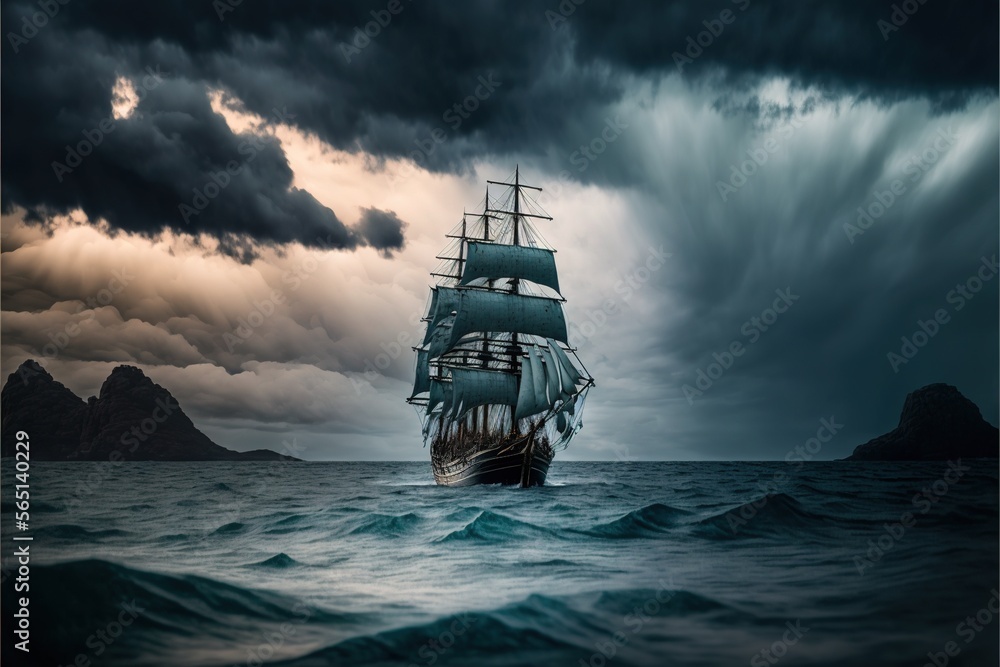 Aufkleber a ship sailing in the ocean under a cloudy sky with a mountain in the background and a dark sky with