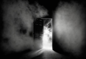 An AI-Generated Render of an Unfamiliar, Unseen, and Unsettling Darkened Door in a Misty, Gloomy Night