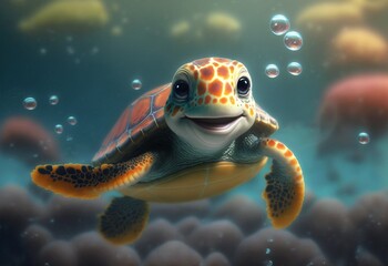 Cute cartoon turtle with big eyes on the sea background.Stylized smiling baby turtle on the background of water and air bubbles.AI generated.