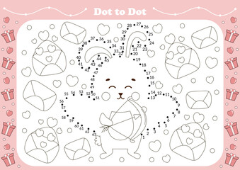 Cute dot to dot game for kids with valentine day theamed character - bunny with bow and arrows, little cupid. Printable worksheet for children, educational coloring book