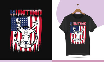 Hunting T-shirt design template. Vector illustration With American Flag, deer, skull, gun, and forest. It can be used in shirts, mugs, bags, and pillows.